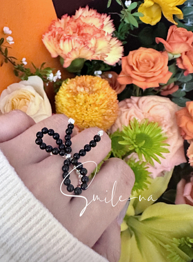 韩国进口925纯银银珠蝴蝶结天然黑玛瑙蝴蝶结戒指弹力绳指环