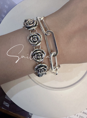 韩国进口小众设计925纯银时尚重工回形针椭圆形拼接欧美手链手环