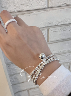 韩国进口小众款S925纯银三层银珠时尚百搭弹力绳手链银球吊坠女