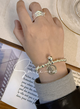 韩国进口S925纯银小众设计感圆珠银珠拼接女王头像吊坠手链手环