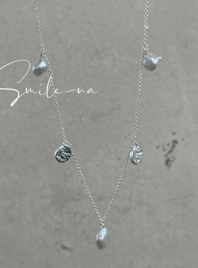 韩国进口S925纯银圆片珍珠项链设计款淡水珍珠银牌项链锁骨链时尚