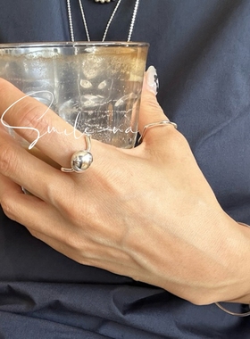 韩国进口小众设计S925纯银光面圆珠波浪戒指女时尚百搭指环食指戒