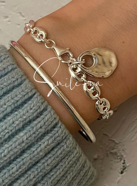 韩国进口小众设计925纯银猪鼻子不规则圆牌吊坠时尚手链手环