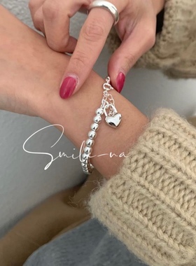 925纯银桃心吊坠手链银珠