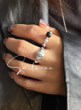 韩国进口S925纯银小众设计款简约百搭黑玛瑙银豆豆戒指女指环