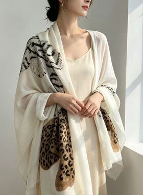 定制logo老虎豹纹老钱风复古文艺披肩棉麻围巾女防晒丝巾秋冬时尚