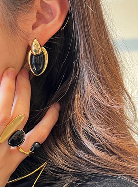 春夏新款不规则拼接黑玛瑙项链耳环女小众高级感可调节水滴毛衣链