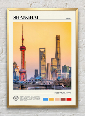 中国上海陆家嘴城市天际线餐厅装饰画现代简约大气建筑竖版挂画