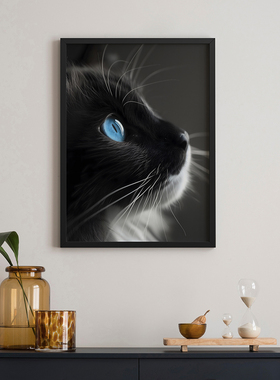 蓝眼猫的凝视客厅卧室沙发动物猫黑白装饰画挂画艺术框油画壁画