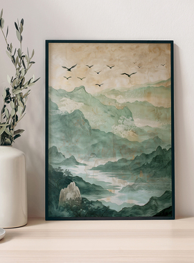 飞鸟山水客厅卧室沙发装饰画挂画艺术框油画壁画玄关鸟水彩自然