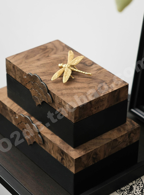 新中式古典老钱风木纹云扣首饰收纳盒样板间酒店会所装饰摆件