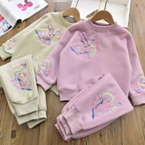 Guochao Feng Girl Integrated Cashmere Thicken Embroidered Disc Buttoned Wai Pants Two Sets Children Leisure Suit Winter