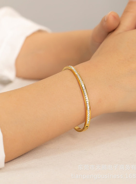 抖音小红书韩版时尚饰品 欧美气质单排手环 窄版满钻卡扣钛钢手镯