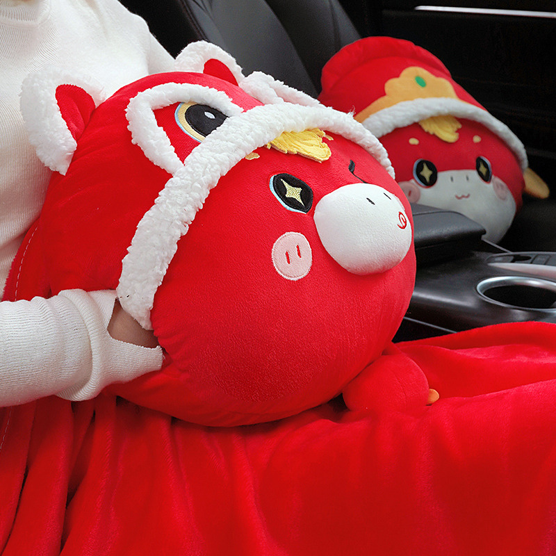 醒狮小马驹抱枕马年吉祥物三合一抱枕被子两用办公室午睡毯枕头女 - 图1