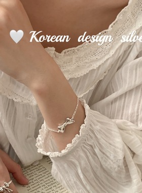 韩国简约ins风银饰品 S925纯银蝴蝶结宽版手链 叠戴个性小众设计