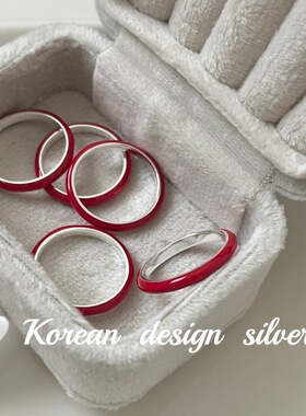 韩国圣诞新年小众银饰 S925纯银简约红色滴釉素圈戒指叠戴高级感