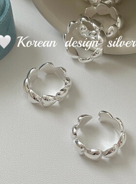 韩国东大门ins简约亮银饰品 S925纯银爱心心相印戒指温柔气质