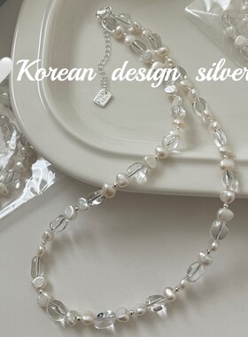 韩国ins风小众设计百搭银饰品 S925纯银随形白水晶珍珠项链高级