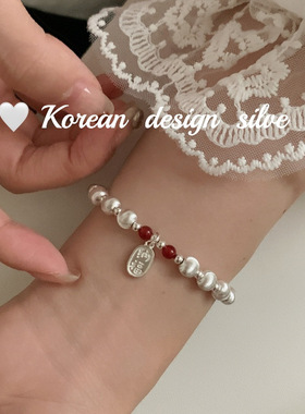 韩版ins博主同款2o24新款饰品 S925纯银招财纳福车花珠手链女叠戴