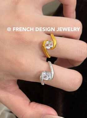 超美法式轻奢布契风几何拉丝合成立方氧化锆戒指S925纯银优雅食指