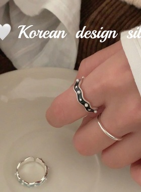 韩国小众设计ins风饰品 S925纯银蓝色黑色滴釉波浪星星珍珠戒指