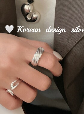 韩国秋冬小众ins银饰品 S925纯银简约宽版螺纹素圈麻花戒指高级