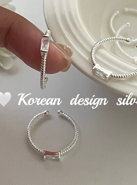 韩国ins个性小众设计食指环 S925纯银方形锆石麻花戒指开口高级感