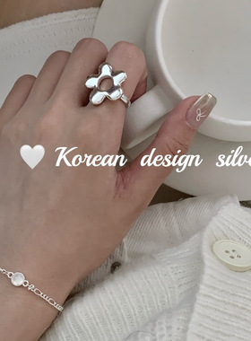 韩版ins小众饰品 S925纯银小花镂空戒指高级感食指环开口可调节女