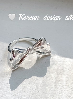 日系韩版小众设计感银饰 S925纯银蝴蝶结宽版开口可调节指环戒指