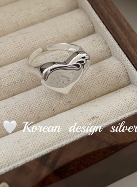 韩国重工亮面银饰品 S925纯银爱心形开口可调节戒指 叠戴指环女