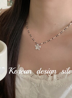 韩国东大门银饰品批发S925纯银黑玛瑙竹节拼接肌理感花花项链