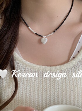 韩国2025年秋冬新款 S925纯银镂空蕾丝爱心切面黑玛瑙碎银子项链
