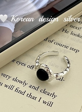 韩国简约高级感饰品 S925纯银黑玛瑙肌理纹戒指 开口指环女ins风