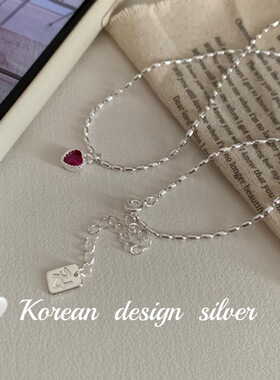 韩国简约小众橄榄珠米粒合成立方氧化锆爱心项链女锁骨链925纯银