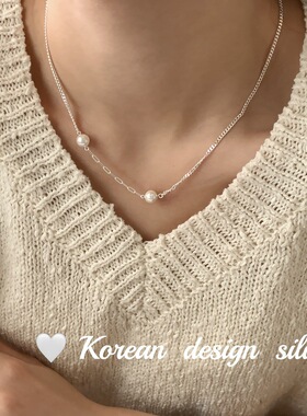 韩国东大门银饰批发 S925纯银微笑珍珠侧身项链 简约小众设计ins