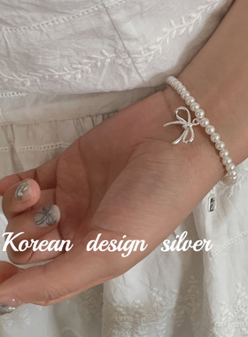 韩国南大门银饰品 S925纯银蝴蝶结白色贝珠手链叠戴网红同款