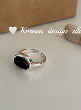 韩国东大门小众设计银饰品 S925纯银椭圆形黑玛瑙开口戒指叠戴ins