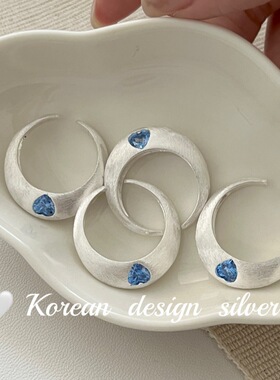 韩国ins 风小众设计 饰品S925纯银爱心拉丝蓝 粉钻戒指高级