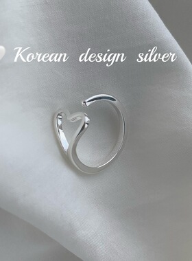 韩国ins风银饰品 S925纯银爱心形开口可调节指环 女款高级感戒指