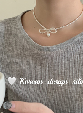 韩国小众设计手工饰品 S925纯银整圈珍珠蝴蝶结项链叠戴锁骨链女