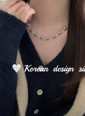 韩国ins风重工手工饰品 S925纯银撞色水晶灰珍珠项链女高级锁骨