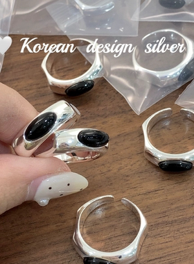 韩版东大门小众简约ins风饰品S925纯银椭圆黑玛瑙方形戒指高级感