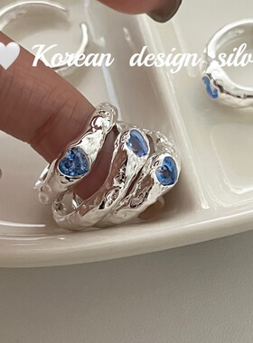 韩国2024新款指环 S925纯银爱心肌理纹黑钻戒指 高级设计感ins女