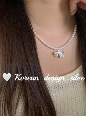 2o24款韩版手工饰品s925纯银大蝴蝶结贝珠项链女叠戴秋冬