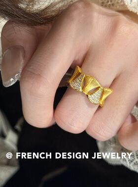 法式高级感布契风手工拉丝指环S925纯银镂空扇形锆石拼接戒指