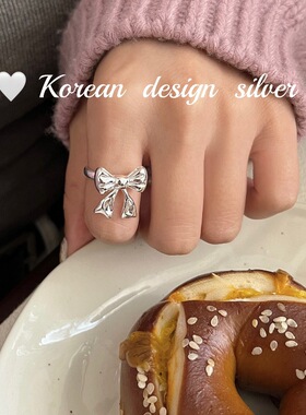韩国小众高级感亮银饰品 S925纯银立体蝴蝶结重工戒指 开口可调节