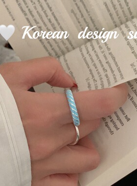 韩国重工亮银饰品 S925纯银简约蓝黑两色滴釉斜条纹素圈戒指小众