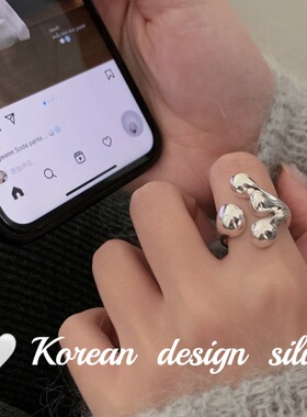 韩国东大门复古小众设计饰品 S925纯银重工三层水滴开口戒指ins