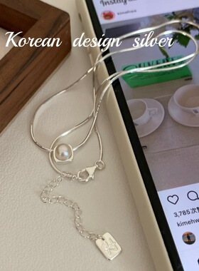 韩国ins风简约小众设计锁骨链 S925纯银方形珍珠蛇骨项链百搭女款
