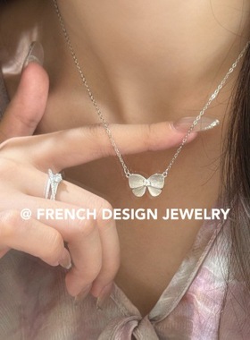 法式布契风拉丝蝴蝶结项链S925纯银轻奢精致优雅女礼服配饰品百搭